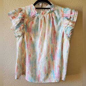 Avara Pastel Watercolor Ruffle Sleeve Blouse